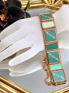 1950s Rare Vintage Panel Bracelet Gold Mesh w Anodized Green Engraved Panels